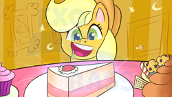 Size: 2560x1440 | Tagged: safe, artist:exobass, derpibooru import, applejack, oc, oc:tw3lv3, my little pony: pony life, cake, delicious, food, muffin, thumbnail, watermark