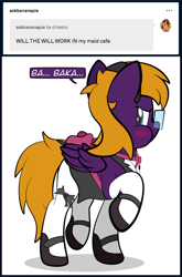 Size: 900x1365 | Tagged: safe, artist:alexdti, derpibooru import, oc, oc:purple creativity, pegasus, pony, baka, bipedal, blushing, clothes, glasses, maid, puffy cheeks, raised hoof, raised leg, solo