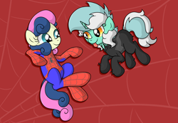 Size: 5639x3898 | Tagged: safe, artist:background basset, derpibooru import, bon bon, lyra heartstrings, sweetie drops, earth pony, pony, unicorn, abstract background, clothes, costume, floating, spider-man, symbiote, tongue, tongue out, venom