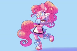 Size: 3000x2000 | Tagged: safe, artist:y0urstruiy, derpibooru import, pinkie pie, anthro, earth pony, plantigrade anthro, coinky-dink world, eqg summertime shorts, equestria girls, 1950s, apron, blue background, clothes, colored pupils, cute, diapinkes, dress, ear fluff, ears, female, food, high res, milkshake, open mouth, ponytail, roller skates, server pinkie pie, simple background, solo, sundae, tray