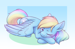 Size: 2800x1845 | Tagged: safe, artist:anvalina, derpibooru import, rainbow dash, pegasus, pony, cute, dashabetes, female, lying down, mare, one eye closed, prone, solo, waking up