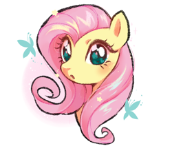 Size: 850x720 | Tagged: safe, artist:plushloo, derpibooru import, fluttershy, butterfly, pony, :o, blushing, bust, female, looking at you, mare, open mouth, portrait, simple background, solo, three quarter view, white background