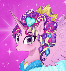 Size: 720x778 | Tagged: safe, artist:namieart, derpibooru import, princess cadance, alicorn, pony, games ponies play, alternate hairstyle, bust, ceremonial headdress, clothes, crown, cute, cutedance, dress, female, heart eyes, jewelry, jewels, looking at you, mare, portrait, purple background, regalia, simple background, solo, sparkles, wingding eyes