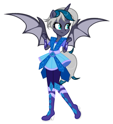 Size: 1013x1116 | Tagged: safe, alternate version, artist:vizirka, derpibooru import, oc, oc only, oc:elizabat stormfeather, equestria girls, belt, boots, clothes, clothes swap, commission, dress, equestria girls-ified, female, high heel boots, pants, ponied up, shoes, simple background, skirt, solo, white background, ych result