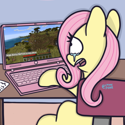 Size: 2048x2048 | Tagged: safe, artist:lynnpone, derpibooru import, angel bunny, fluttershy, pegasus, pony, chair, computer, crying, desk, funny, game, gamershy, gaming, gasp, laptop computer, minecraft, solo