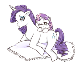 Size: 600x500 | Tagged: safe, artist:totalutterchaos2, derpibooru import, rarity, sweetie belle, pony, unicorn, duo, female, filly, mare, one eye closed, pillow, simple background, smiling, white background, wink