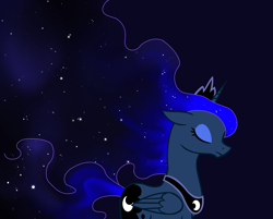 Size: 2730x2196 | Tagged: safe, artist:joan-grace, derpibooru import, princess luna, alicorn, pony, bust, dark background, ethereal mane, eyes closed, female, horn, jewelry, mare, peytral, starry mane, tiara, wings