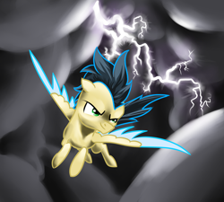 Size: 2000x1800 | Tagged: safe, artist:joan-grace, derpibooru import, oc, oc only, pegasus, pony, cloud, flying, lightning, male, outdoors, pegasus oc, smiling, smirk, stallion, two toned wings, wings