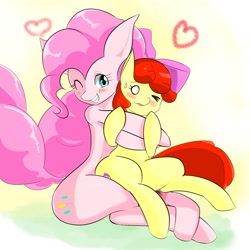 Size: 2000x2001 | Tagged: safe, artist:uguisunokoe1919, derpibooru import, apple bloom, pinkie pie, earth pony, blushing, female, filly, heart, hug, mare