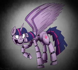 Size: 1000x900 | Tagged: safe, artist:patty-plmh, derpibooru import, twilight sparkle, twilight sparkle (alicorn), alicorn, pony, animatronic, female, five nights at freddy's, mare, raised hoof, raised leg, sharp teeth, smiling, solo, teeth