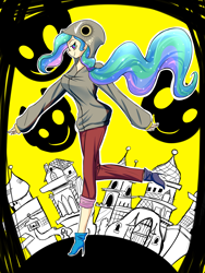 Size: 1200x1600 | Tagged: safe, artist:patty-plmh, derpibooru import, princess celestia, human, clothes, female, high heels, hoodie, humanized, outdoors, pants, shoes, smiling, solo