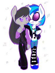 Size: 600x800 | Tagged: safe, artist:patty-plmh, derpibooru import, dj pon-3, octavia melody, vinyl scratch, anthro, earth pony, unguligrade anthro, unicorn, blushing, clothes, female, horn, lesbian, scratchtavia, shipping, side hug, simple background, smiling, sunglasses, transparent background