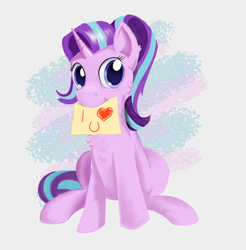 Size: 3096x3143 | Tagged: safe, artist:l1ght, derpibooru import, starlight glimmer, pony, unicorn, friendship is magic, cute, female, glimmerbetes, i love you, looking at you, mare, mouth hold, purple eyes, reformed starlight, shiny eyes, shiny mane, simple background, sitting, solo