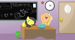 Size: 3399x1837 | Tagged: safe, artist:kixalin, derpibooru import, oc, oc only, earth pony, pony, :d, chalkboard, clock, computer, duo, earth pony oc, eyes closed, female, indoors, laptop computer, laughing, male, mare, open mouth, smiling, stallion