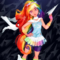 Size: 1080x1080 | Tagged: safe, artist:asherbeeart, derpibooru import, rainbow dash, human, abstract background, clothes, female, hand on hip, humanized, paper airplane, shorts, skirt, solo