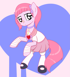 Size: 2469x2736 | Tagged: safe, artist:superderpybot, earth pony, pony, abstract background, anime, clothes, female, floating, menhera chan, pink hair, ponified, school uniform, schoolgirl, shoes, simple background, skirt, socks, solo, stockings, thigh highs