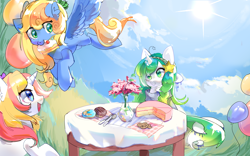 Size: 4000x2500 | Tagged: safe, artist:plasma fall, derpibooru import, oc, balloon, cake, cookie, donut, flower, food, illustration, spoon, sun, table