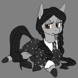 Size: 1000x1000 | Tagged: safe, artist:anonymous, oc, oc only, oc:wednesday, pony, /mlp/, braid, clothes, drawthread, female, gray background, grayscale, hooves, lidded eyes, looking at you, mare, monochrome, partial color, ponified, prone, simple background, wednesday addams, weekday ponies