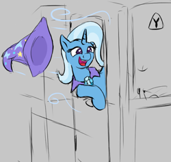 Size: 823x781 | Tagged: safe, artist:barhandar, trixie, pony, unicorn, /mlp/, cape, female, gray background, happy, hat, high energy magic, mare, partial color, simple background, solo, train, trixie's cape, trixie's hat