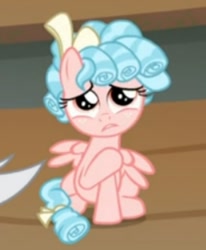 Size: 500x608 | Tagged: safe, screencap, cozy glow, pegasus, bow, female, filly, freckles, hair bow, hoof on chest, sitting, solo, spread wings, tail bow, wings