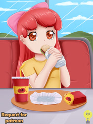 Size: 1500x2000 | Tagged: safe, artist:focusb, apple bloom, human, adorabloom, burger, cute, food, french fries, humanized, offscreen character, pov, soda