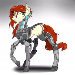 Size: 2449x2449 | Tagged: safe, artist:slouping, oc, oc only, cyborg, earth pony, pony, amputee, augmented, blank flank, cicatrization, female, mare, prosthetic leg, prosthetic limb, prosthetics, red mane, simple background, solo, unnamed oc