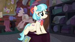 Size: 1920x1080 | Tagged: safe, derpibooru import, screencap, coco pommel, made in manehattan, cocobetes, cute, stool