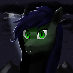 Size: 1000x1000 | Tagged: safe, artist:trotski432, derpibooru import, oc, oc:bshakey, bat pony, bust, cloud, glowing eyes, looking at you, male, moon, moonlight, mountain, night, portrait, stallion