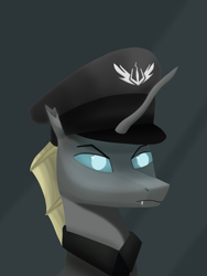 Size: 1000x1333 | Tagged: safe, artist:trotski432, derpibooru import, oc, oc:dieter heinreich, changeling, equestria at war mod, abstract background, angry, bust, clothes, hat, male, portrait, uniform