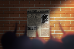 Size: 3000x2000 | Tagged: safe, artist:trotski432, derpibooru import, changeling, equestria at war mod, blackletter, brick wall, bricks, crepuscular rays, german, hat, headphones, newspaper, out of focus, peaked cap, shadow, tall tale, wall