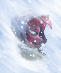 Size: 2000x2400 | Tagged: safe, artist:rocket-lawnchair, derpibooru import, tempest shadow, pony, unicorn, blizzard, clothes, eye scar, female, mare, remorse, sad, scar, snow, snowfall, solo