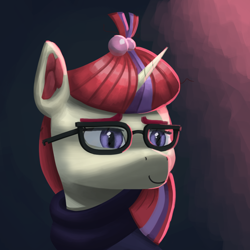 Size: 1000x1000 | Tagged: safe, artist:trotski432, derpibooru import, moondancer, unicorn, abstract background, bust, clothes, glasses, portrait, smiling, sweater