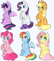 Size: 1280x1428 | Tagged: safe, artist:pointdelta, derpibooru import, applejack, fluttershy, pinkie pie, rainbow dash, rarity, twilight sparkle, twilight sparkle (alicorn), alicorn, earth pony, pegasus, unicorn, chest fluff, ear fluff, ears, mane six, open mouth, sitting, smiling, spread wings, wings