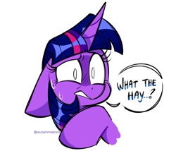 Size: 1200x1027 | Tagged: safe, artist:wutanimations, derpibooru import, twilight sparkle, twilight sparkle (alicorn), alicorn, pony, bust, female, mare, solo, speech bubble, sweat, sweatdrop, what the hay?