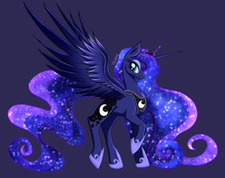 Size: 2590x2048 | Tagged: safe, artist:rainblueart, derpibooru import, princess luna, alicorn, pony, ethereal mane, female, galaxy mane, high res, mare, profile, purple background, simple background, solo, spread wings, starry mane, wings