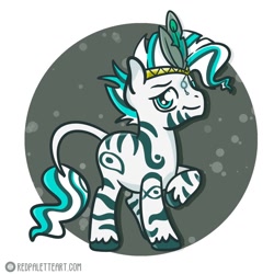 Size: 894x894 | Tagged: safe, artist:redpalette, derpibooru import, oc, zebra, abstract background, coat markings, cute, feather, headwear, smiling, smirk, unshorn fetlocks, zebra oc