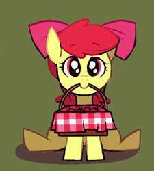 Size: 615x682 | Tagged: safe, artist:karzahnii, derpibooru import, apple bloom, earth pony, adorabloom, apple, apple basket, cute, female, filly, food, looking at you, mouth hold, solo