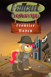 Size: 2000x3000 | Tagged: safe, artist:pizzamovies, derpibooru import, oc, oc only, oc:persistent taffy, earth pony, pony, fallout equestria, armor, bottle, cactus, canteen, clothes, desert, doll, fallout, fallout: new vegas, fanfic, fanfic art, fanfic cover, female, flag, mare, new california republic, shoes, solo, sunset, town, toy