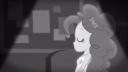 Size: 3410x1920 | Tagged: safe, derpibooru import, screencap, pinkie pie, better together, equestria girls, rarity investigates: the case of the bedazzled boot, black and white, clothes, cutie mark, cutie mark on clothes, eyes closed, female, geode of sugar bombs, grayscale, jewelry, magical geodes, monochrome, necklace, rarity investigates (eqg): pinkie pie, solo, tanktop