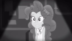 Size: 3410x1920 | Tagged: safe, derpibooru import, screencap, pinkie pie, better together, equestria girls, rarity investigates: the case of the bedazzled boot, black and white, clothes, cutie mark, cutie mark on clothes, female, geode of sugar bombs, grayscale, jewelry, magical geodes, monochrome, necklace, rarity investigates (eqg): pinkie pie, solo, sweat, tanktop