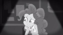 Size: 3410x1920 | Tagged: safe, derpibooru import, screencap, pinkie pie, better together, equestria girls, rarity investigates: the case of the bedazzled boot, black and white, clothes, cutie mark, cutie mark on clothes, female, geode of sugar bombs, grayscale, jewelry, lip bite, magical geodes, monochrome, necklace, rarity investigates (eqg): pinkie pie, solo, sweat, tanktop