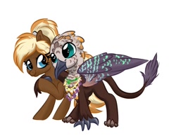 Size: 903x710 | Tagged: safe, artist:jen-neigh, derpibooru import, oc, oc only, oc:teensy, oc:toffee, griffon, pony, fallout equestria, fallout equestria: of shadows, blushing, jewelry, necklace