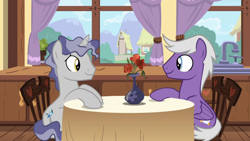 Size: 1920x1080 | Tagged: safe, derpibooru import, screencap, silver script, star bright, pegasus, pony, unicorn, season 7, triple threat, duo, gay, looking at each other, male, shipping, sitting, stallion, starscript, table