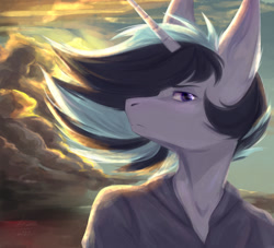 Size: 1280x1164 | Tagged: safe, artist:louraa, derpibooru import, oc, oc only, anthro, unicorn, art trade, bust, clothes, cloud, digital art, horn, looking at you, male, portrait, shirt, sky, solo