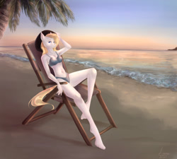 Size: 1280x1152 | Tagged: safe, artist:louraa, derpibooru import, oc, oc only, anthro, earth pony, plantigrade anthro, beach, belly button, bikini, chair, clothes, cloud, digital art, female, looking at you, ocean, sand, sitting, sky, solo, swimsuit, tail, thighs