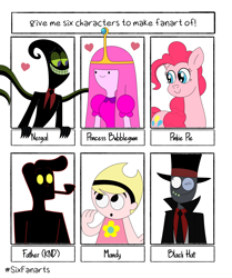 Size: 3000x3582 | Tagged: safe, artist:nathaniel718, derpibooru import, pinkie pie, adventure time, black hat (villainous), cartoon network, codename kids next door, crossover, father (knd), female, male, mandy, mare, nergal, nergal and princess bubblegum, princess bubblegum, six fanarts, the grim adventures of billy and mandy, villainous
