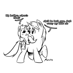 Size: 649x649 | Tagged: safe, artist:srmario, derpibooru import, oc, oc:doctiry, oc:doom, alicorn, pony, unicorn, alicorn oc, baby, baby pony, colt, dialogue, duo, female, filly, freckles, horn, lineart, male, monochrome, raised hoof, raised leg, sad, signature, simple background, smiling, unicorn oc, white background, wings