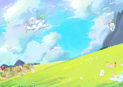 Size: 3508x2480 | Tagged: safe, artist:bubbletea, artist:paperbagpony, derpibooru import, human, pony, background, canterlot, canterlot castle, cloud, cloudsdale, colourful, equestria, female, grassland, humanized, illustration, picnic, ponyville, rainbow, scenery, sky, sun, sunny day, sunshine, windmill