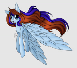 Size: 1280x1124 | Tagged: safe, alternate version, artist:donnie-moon, derpibooru import, oc, oc only, pegasus, pony, colored, female, gray background, mare, pegasus oc, signature, simple background, smiling, solo, wings