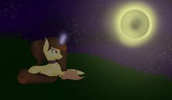 Size: 3200x1874 | Tagged: safe, artist:aonairfaol, derpibooru import, oc, oc only, pony, unicorn, choker, full moon, glowing horn, horn, lying down, moon, night, outdoors, prone, solo, stars, unicorn oc